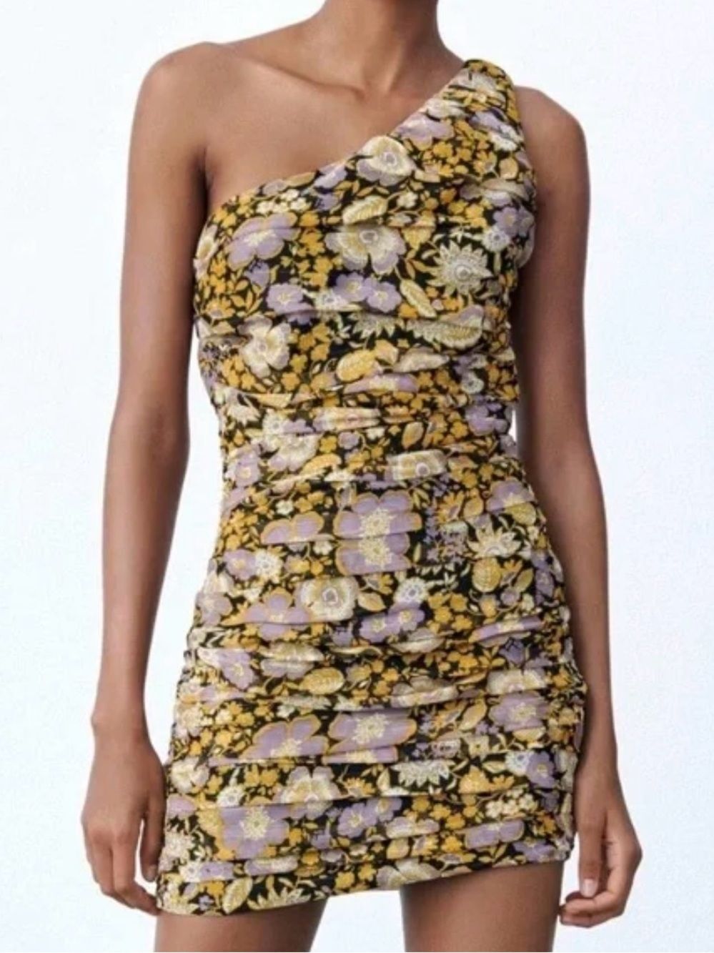 Zara Floral Ruched One Shoulder Mini Bodycon Dress Size Medium